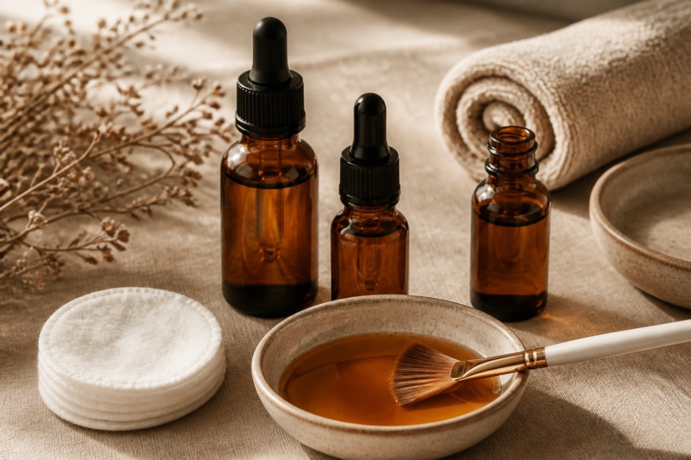 Clarifying skincare serums and peel brush
