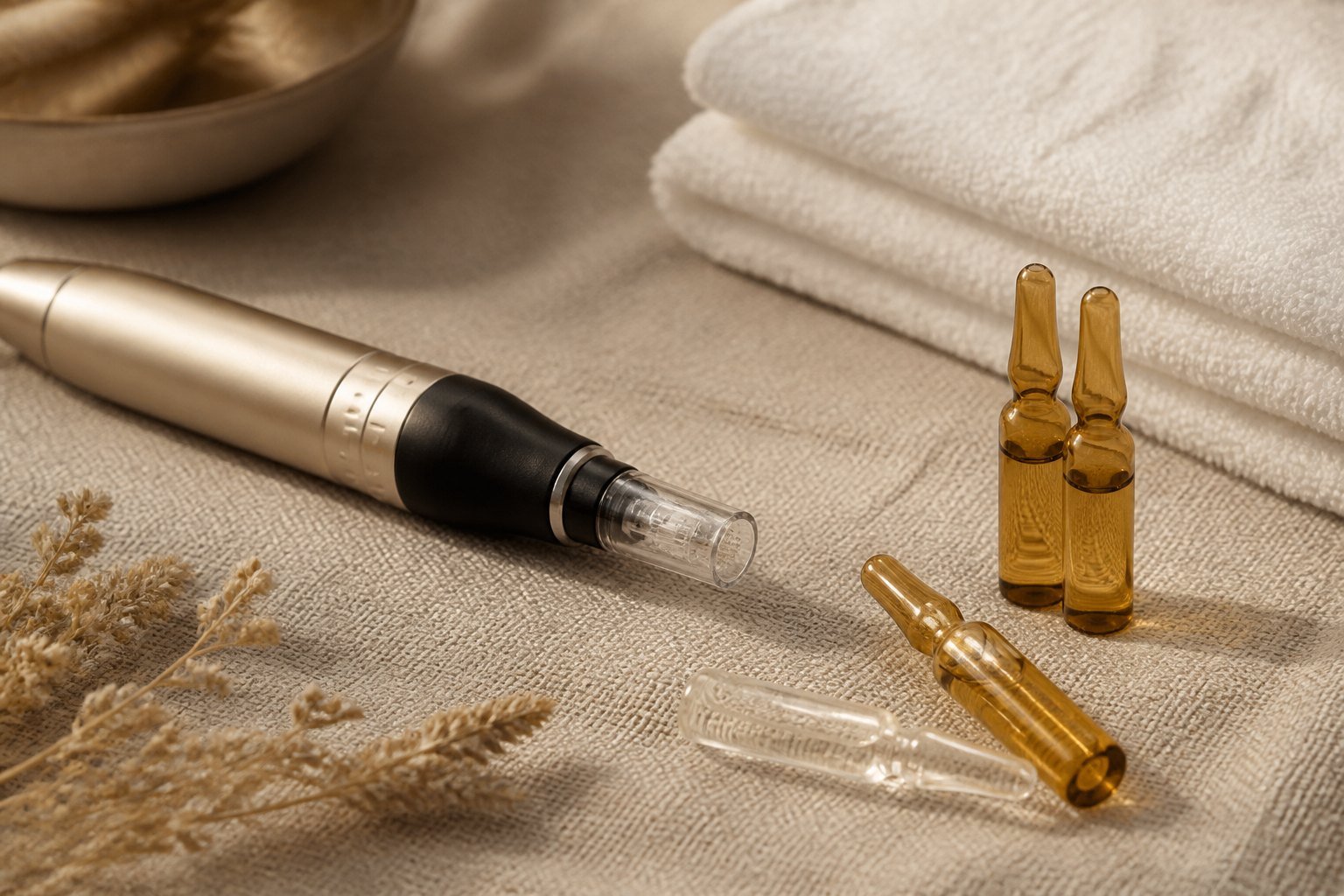 Microneedling pen and skincare ampoules